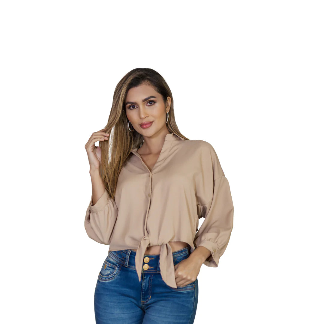 Blusa Camisera de Algodón Color Camel