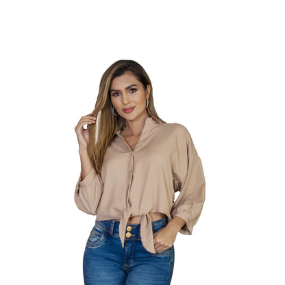 Blusa Camisera de Algodón Color Camel