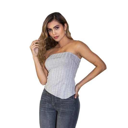 Blusa Strapless de Algodón Color Gris