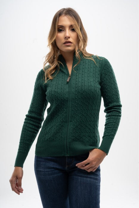 Sweater Abierto en Hilo Trenzado Verde Oscuro para Mujer