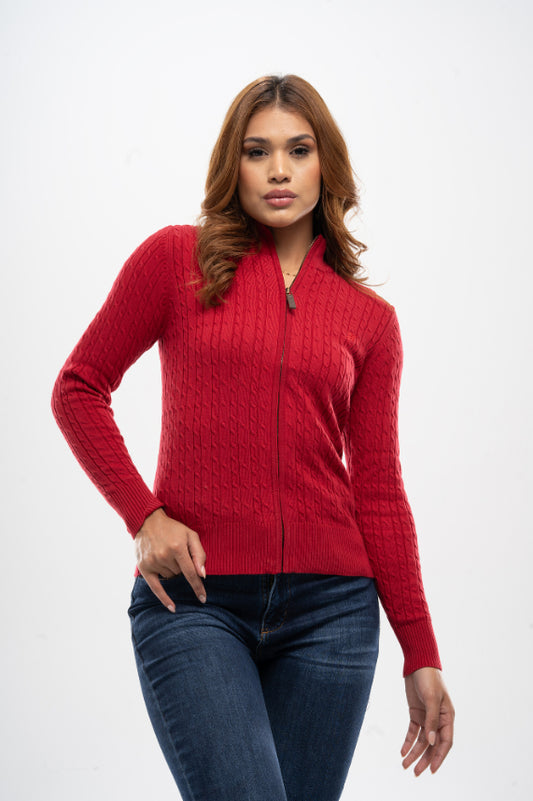 Sweater Abierto en Hilo Trenzado Rojo para Mujer