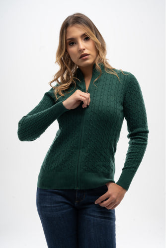 Sweater Abierto en Hilo Trenzado Verde Oscuro para Mujer