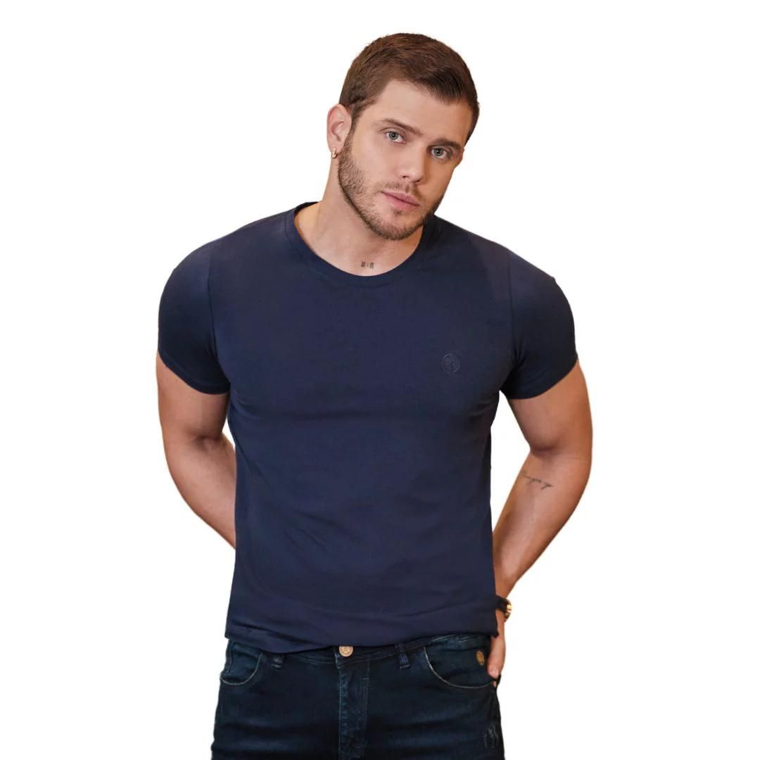 Camiseta Cuello Redondo de Algodón Azul para Hombre