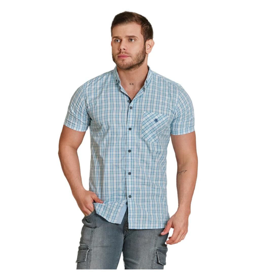 Camisa a Cuadros M/C de Algodón Azul para Hombre