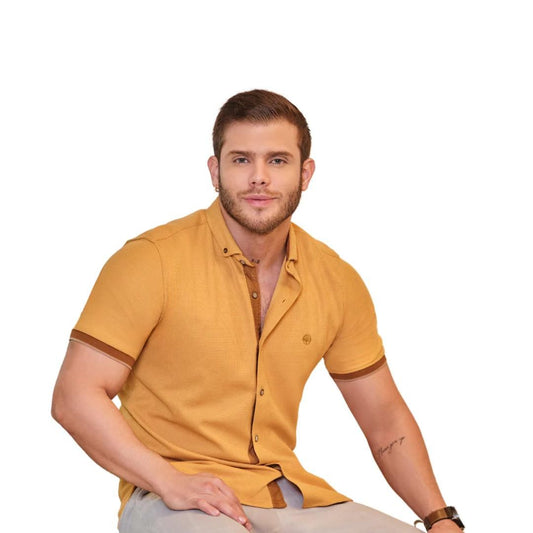 Camisa Manga Corta de Poliester Mostaza para Hombre