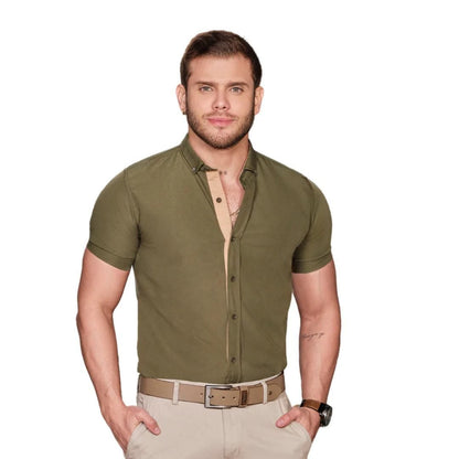 Camisa Manga Corta de Rayon Oliva Oscuro para Hombre