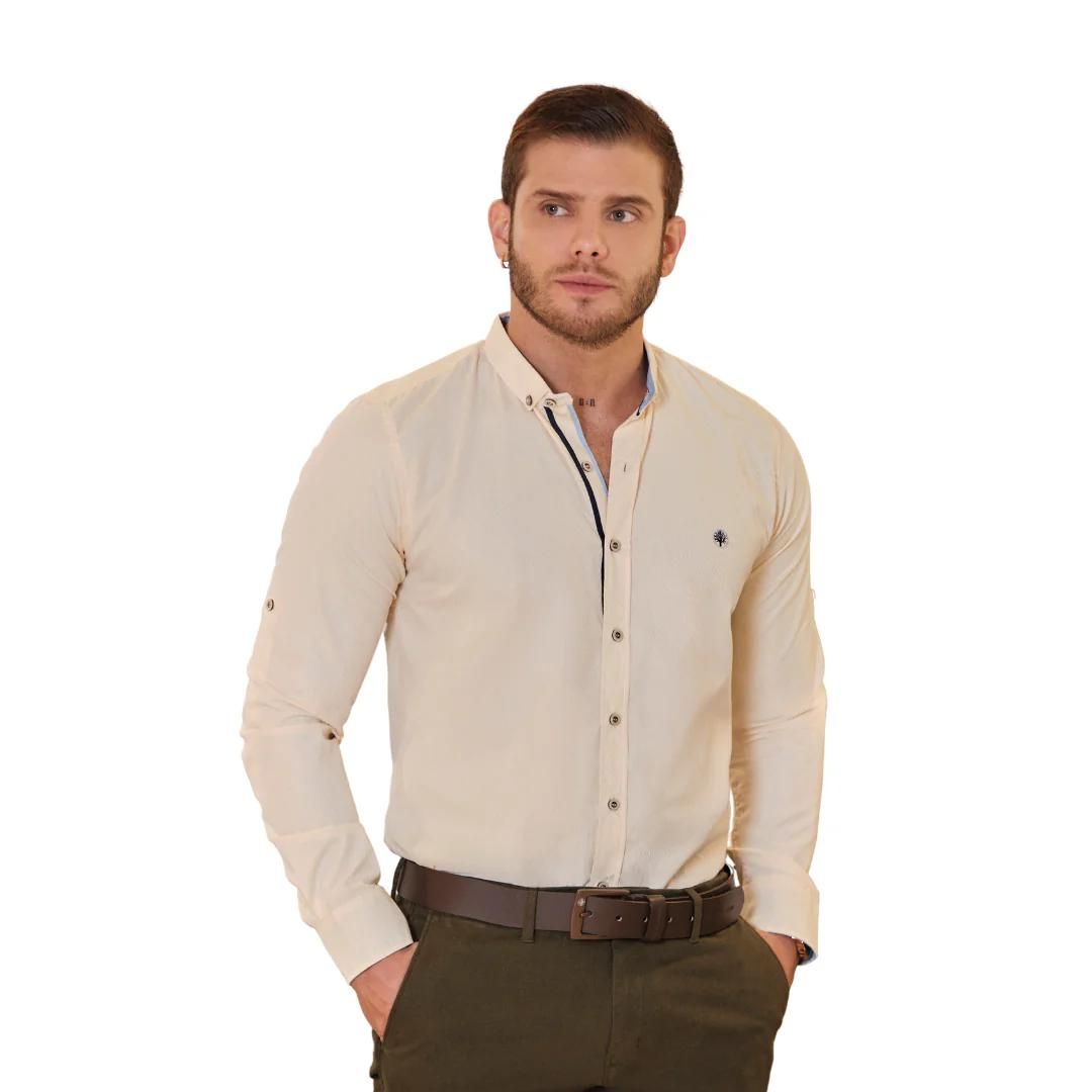 Camisa Cuello Casual de Rayón Beige para Hombre